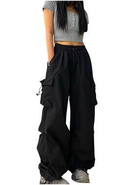 🆕 Women's Cargo Pants High Waist Baggy Casual Solid Parachute Trousers Summer